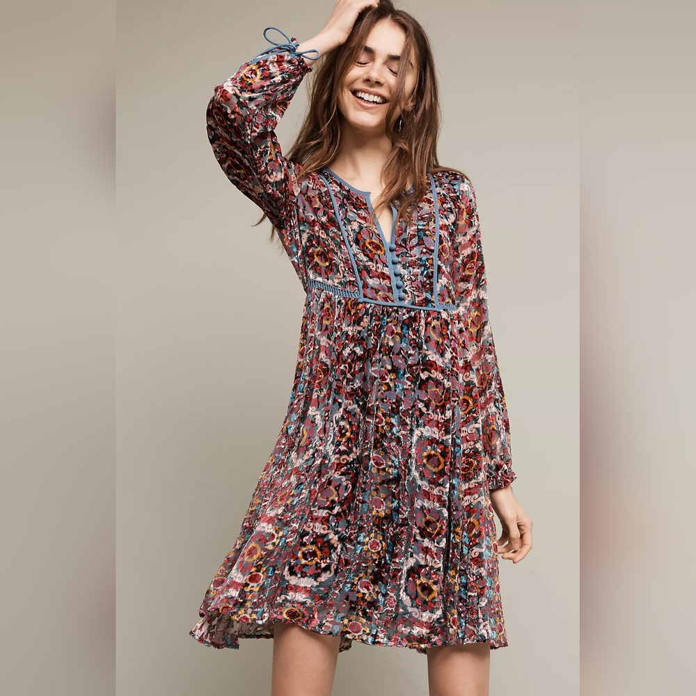 Anthropologie Vibrant Floral Long Sleeve Dress